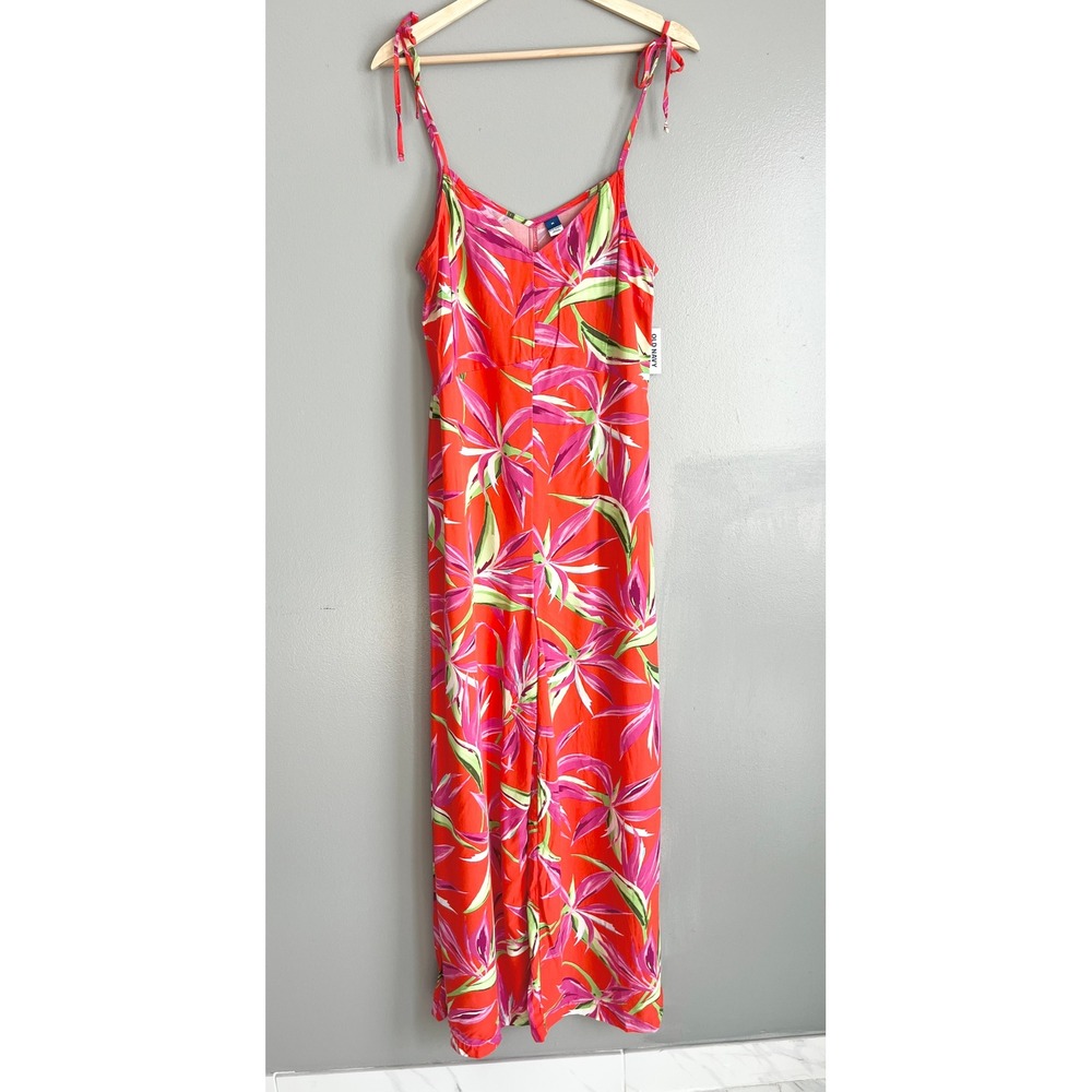 Old Navy Wide Leg Jumpsuit Womens M Orange Tropical Tie Strap Resort Beach NWT